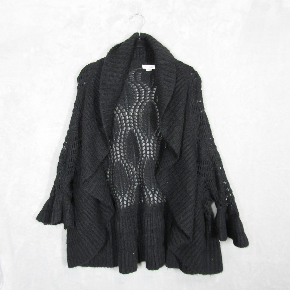 Garnet Hill Black Knit Open Front Cardigan Sweater Small Shawl Bell Sleeve